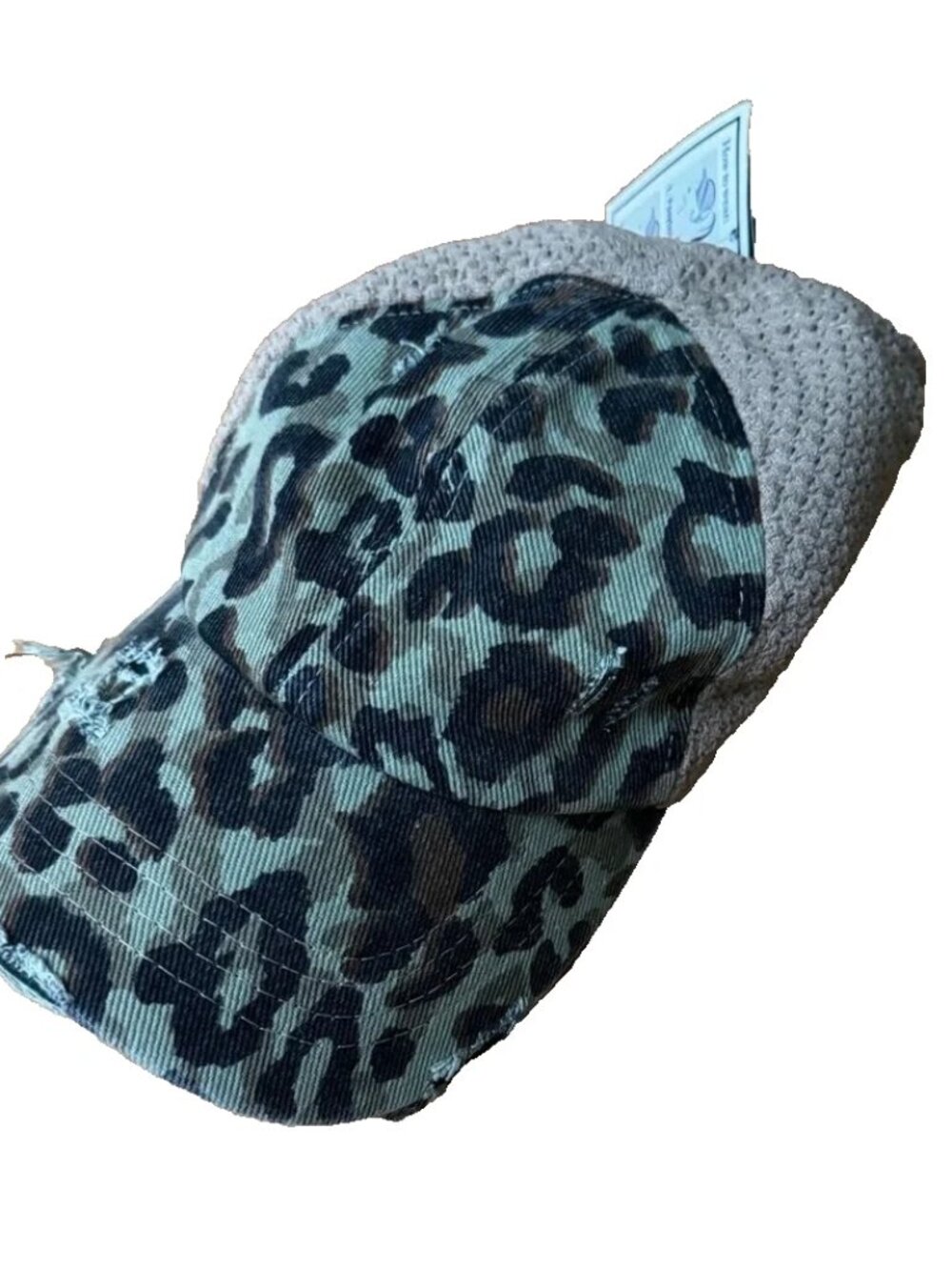 C.C. Womens Leopard Print Hat Brown Green Distressed Ponytail Cheetah Baseball